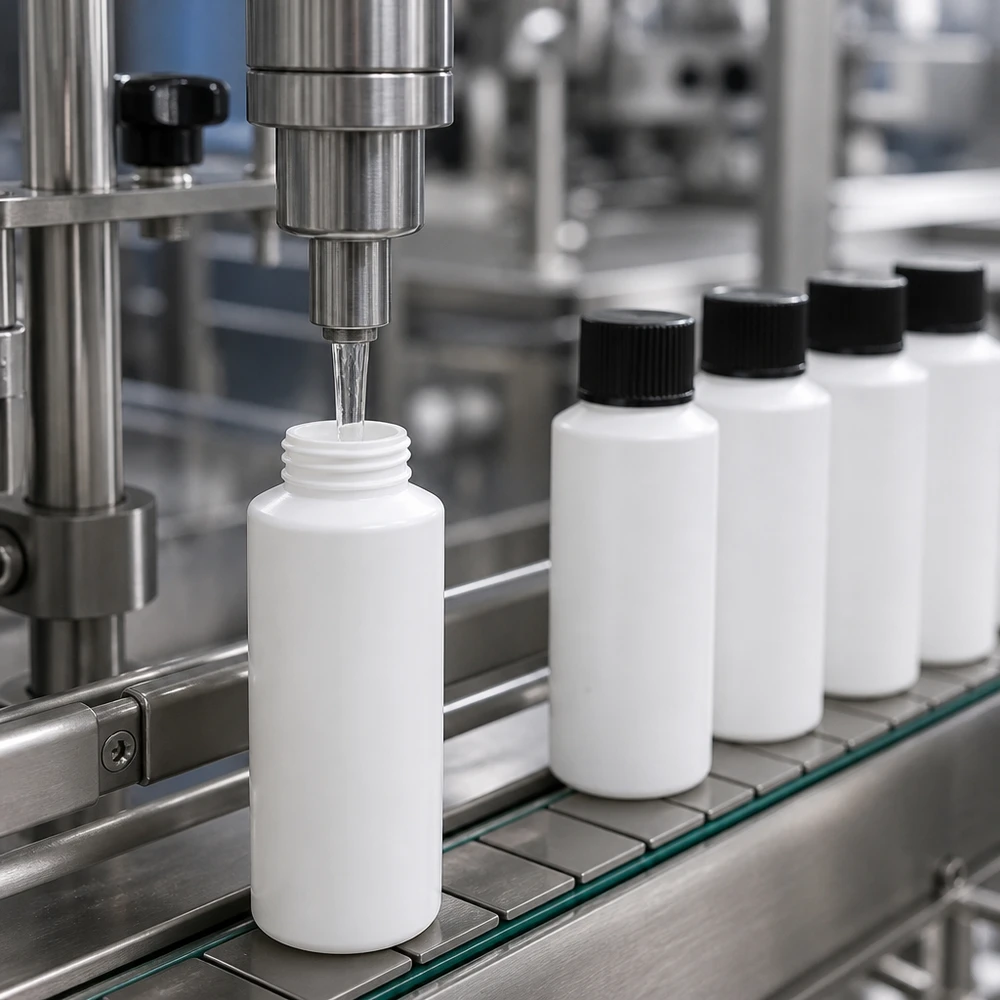 Automatyczna linia rozlewnicza napełnia białe aptekarskie butelki z HDPE o pojemności 30 ml z czarnymi zakrętkami