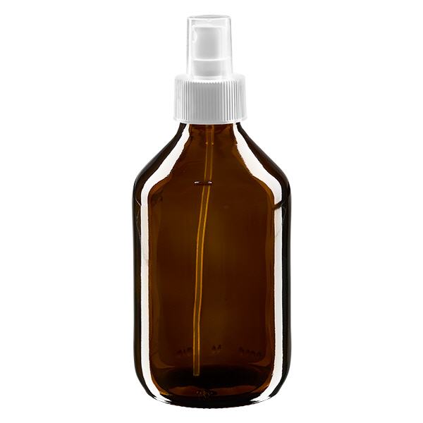 Butelka na lek 250 ml brązowa, z pompką rozpylającą białą ApoGlas. Farmaceutyczna jakość produkcji UE. Gwint 28 mm (PP28). (syrop, butelka z lekkiego szkła) Butelka na lek 250 ml brązowa, z pompką rozpylającą białą ApoGlas. Farmaceutyczna jakość produkcji UE. Gwint 28 mm (PP28). (syrop, butelka z lekkiego szkła)