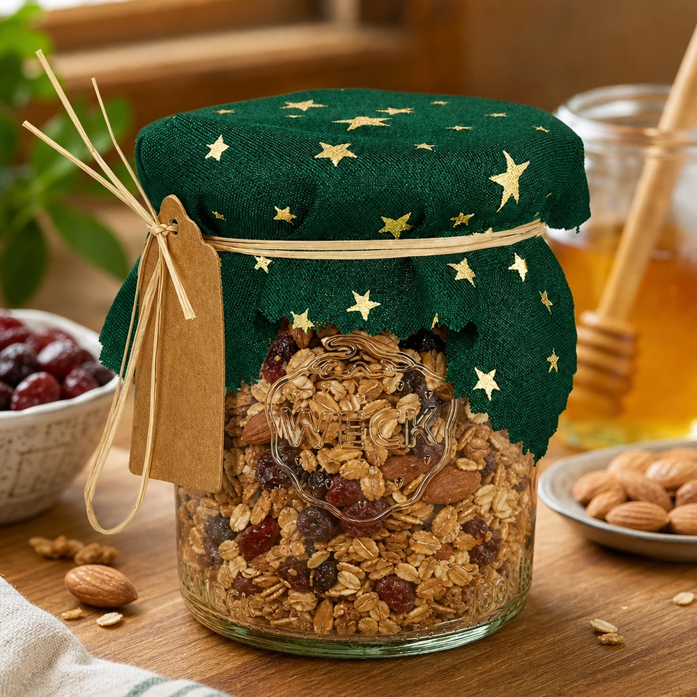 Tkanina serwetka gwiazdki zielony kwadrat 120x120mm Grünes Sterne-Schmuckdeckchen 12cm eckig auf Müsli-Glas mit Nüssen, dekorative Küchenaufbewahrung mit Naturbast