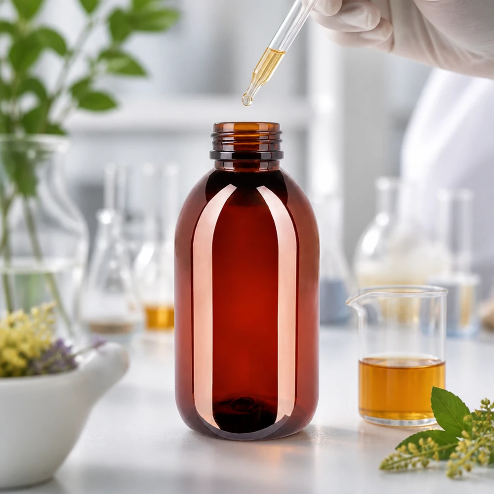 Brązowa butelka PET o pojemności 250 ml z zamknięciem zabezpieczającym przed otwarciem, przeznaczona do olejków eterycznych i kosmetyków naturalnych