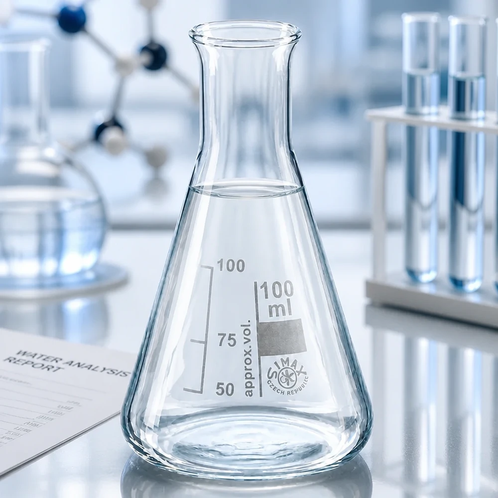 Precyzyjna kolba Erlenmeyera o pojemności 100 ml z wąską szyjką i podziałką do dokładnych pomiarów w laboratorium