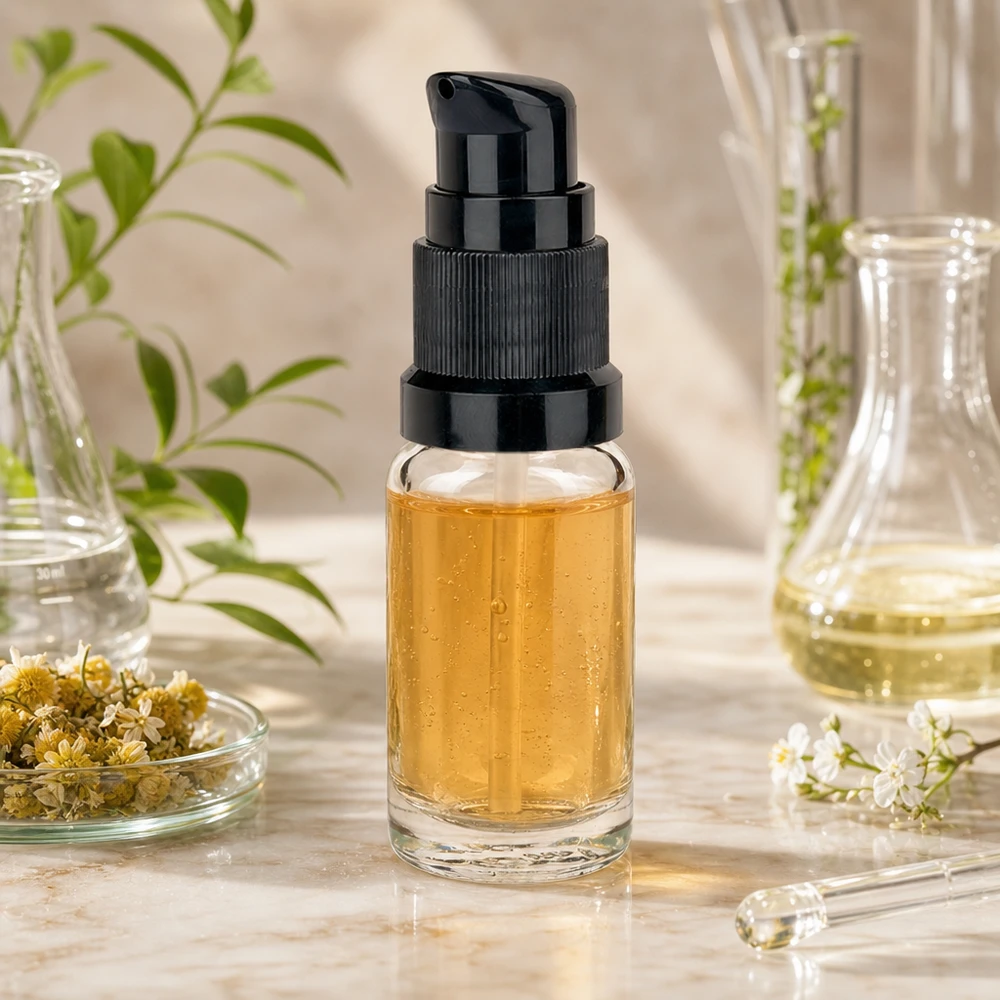 Butelka z pompką 10 ml czarna STD ClearLine UT18/10 Przezroczysta butelka o pojemności 10 ml z czarną pompką i bursztynowym serum w otoczeniu laboratoryjnym