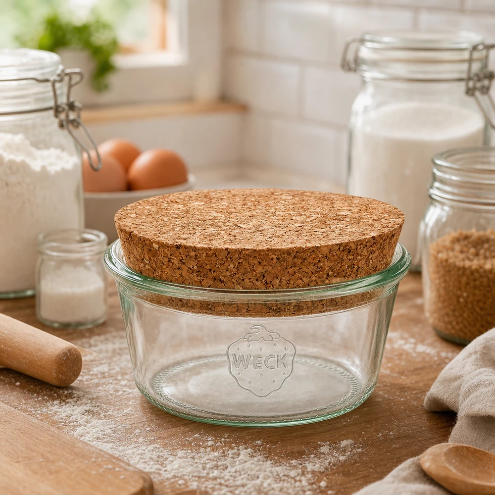 Kubek 290ml niski WECK RR100 z korkiem naturalny WECK RR100 kubki 290 ml z korkową pokrywką w kuchni między mąką, jajkami i słoikami do przechowywania jako akcesoria do pieczenia
