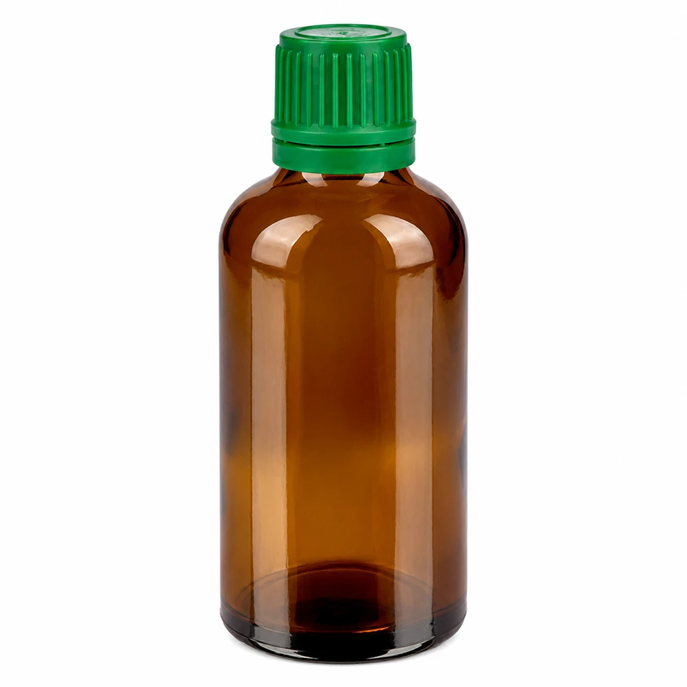 Butelka 50 ml 11 mm SV zielony OV BrownLine UT18/50 Butelka z bursztynowego szkła o pojemności 50 ml z zieloną zakrętką do olejków eterycznych i nalewek