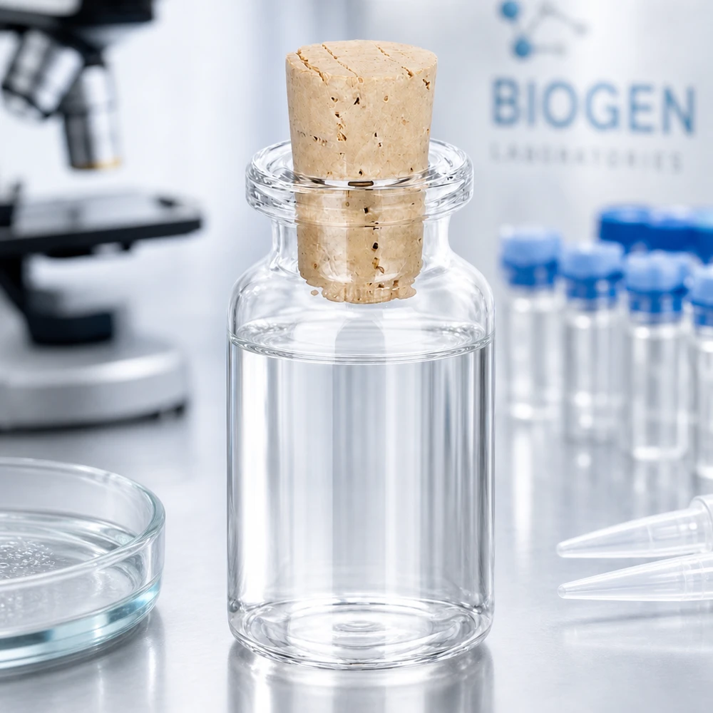 Przezroczysta szklana butelka 10 ml z korkiem 11/14 mm Apothekerflasche Klarglas 10ml mit Naturkorken 11/14mm teilweise mit Flüssigkeit gefüllt