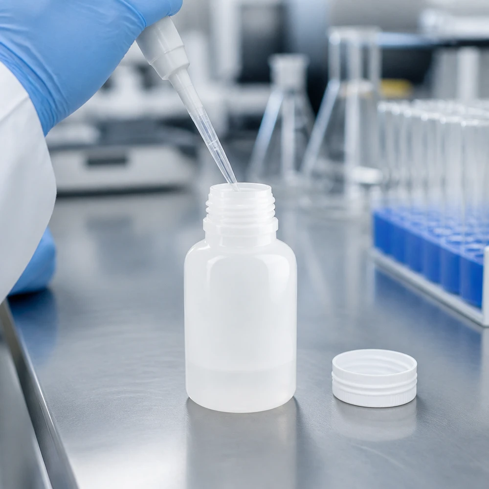 Plastikowe butelki o szerokiej szyjce o pojemności 250 ml bez nakrętek, przeznaczone do precyzyjnego pipetowania w laboratorium
