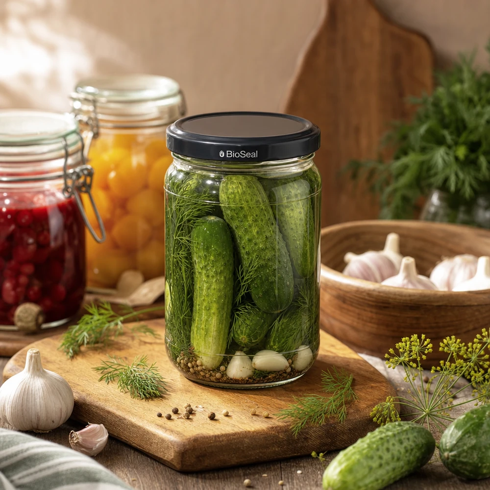 UNiTWIST Runda305 z czarną pokrywką TO63 BioSeal UNiTWIST Runda305 Einmachglas mit eingelegten Gurken und schwarzem BioSeal Deckel inmitten frischer Kräuter und Knoblauc