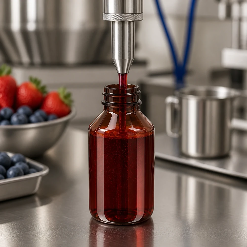 Napełnianie bursztynowej butelki PET o pojemności 50 ml ekstraktem z czerwonych owoców za pomocą linii rozlewniczej