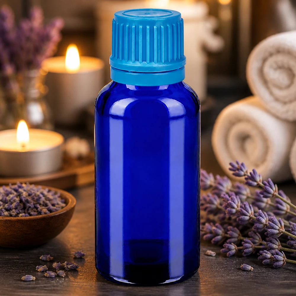 Butelka 30 ml 11 mm SV niebieska OV BlueLine UT18/30 Wysokiej jakości kobaltowa szklana butelka 30 ml z ochroną UV do aromaterapii i naturalnych środków leczniczych