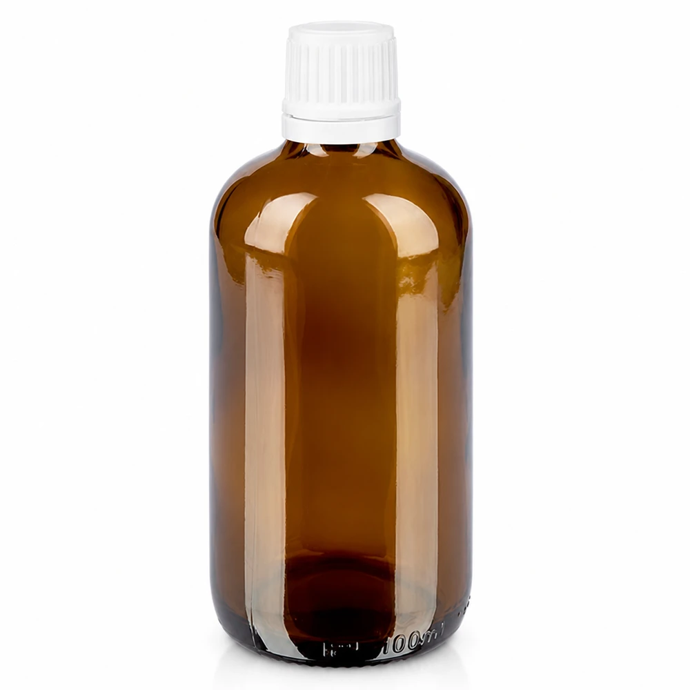 Butelka apteczna brązowa 100ml zakrętka biała OV Szklana, brązowa butelka apteczna o pojemności 100 ml z białą zakrętką 11 mm