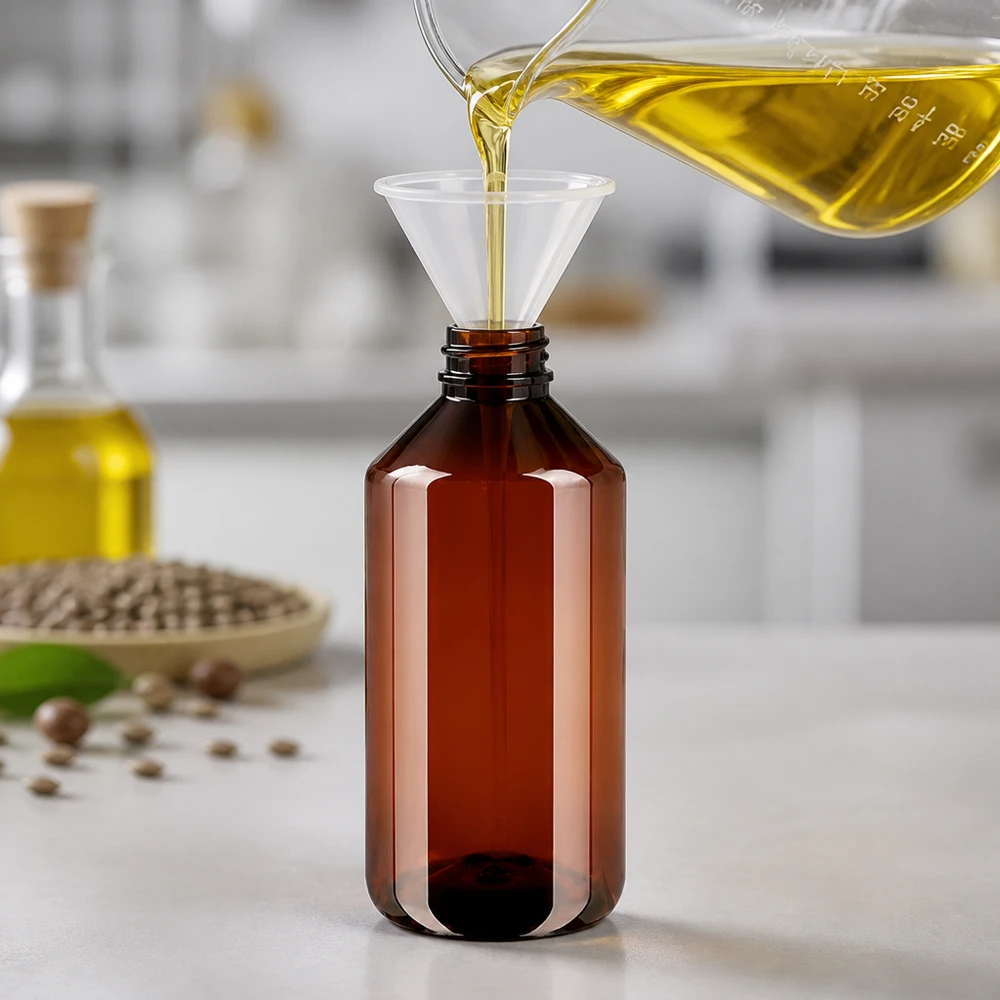 Butelka PET 750 ml z białym zamknięciem typu flip-top. Olej jest nalewany przez lejek do brązowej butelki PET o pojemności 750 ml z klapką
