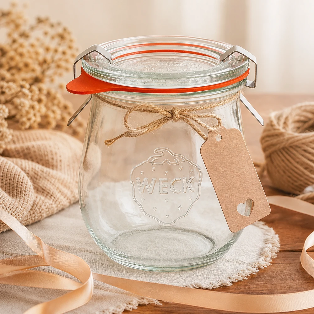 Słoik tulipan 220ml kompletny WECK RR60 Słoik na tulipany WECK 220ml RR60 z przywieszką prezentową i jutową kokardą ozdobnie ułożoną na lnianej serwetce