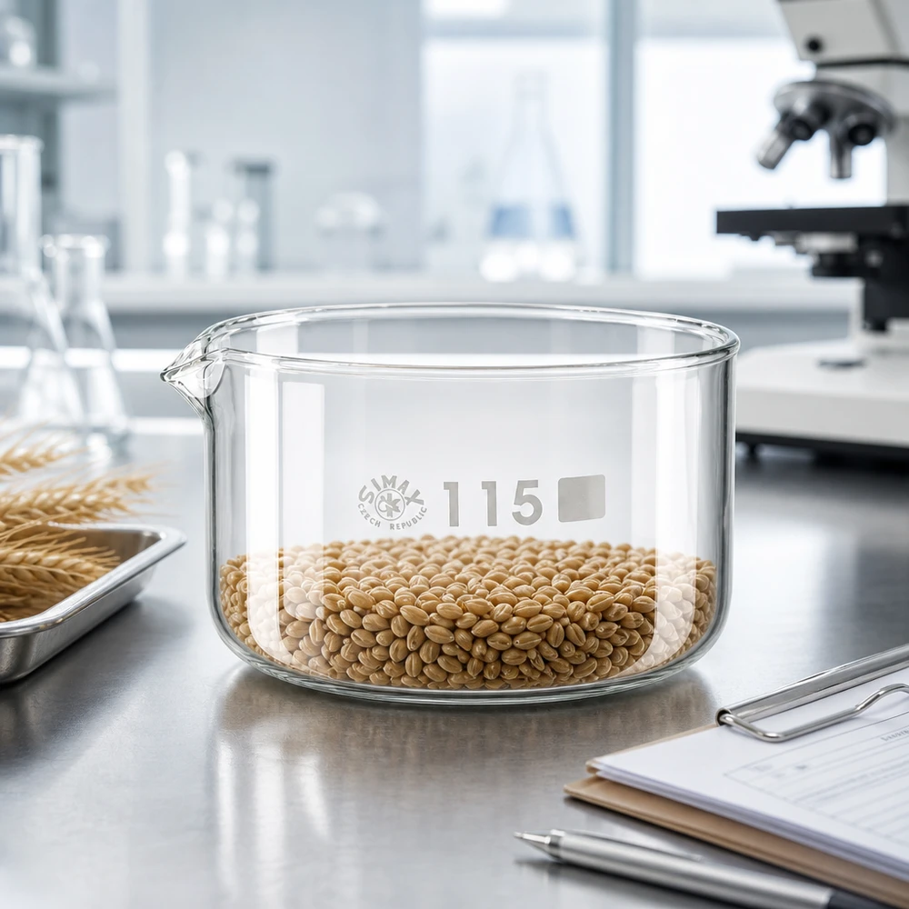 Naczynie do krystalizacji 500 ml z borokrzemianową wylewką Miska do krystalizacji SIMAX o pojemności 500 ml, wypełniona ziarnami pszenicy, do analiz laboratoryjnych, szkło borokrzemowe, ø 115 mm