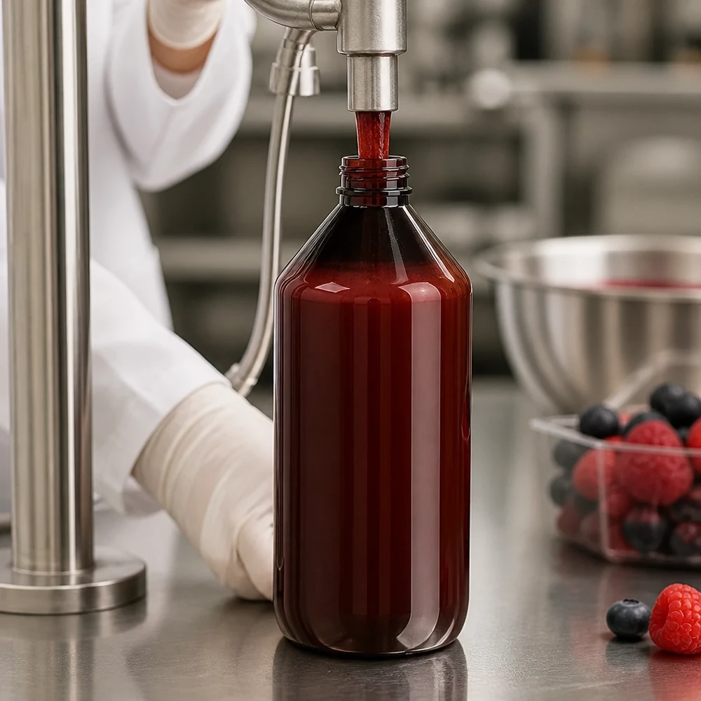 Produkt spożywczy w brązowej butelce PET o pojemności 750 ml z czerwonym oryginalnym zamknięciem do soku jagodowego