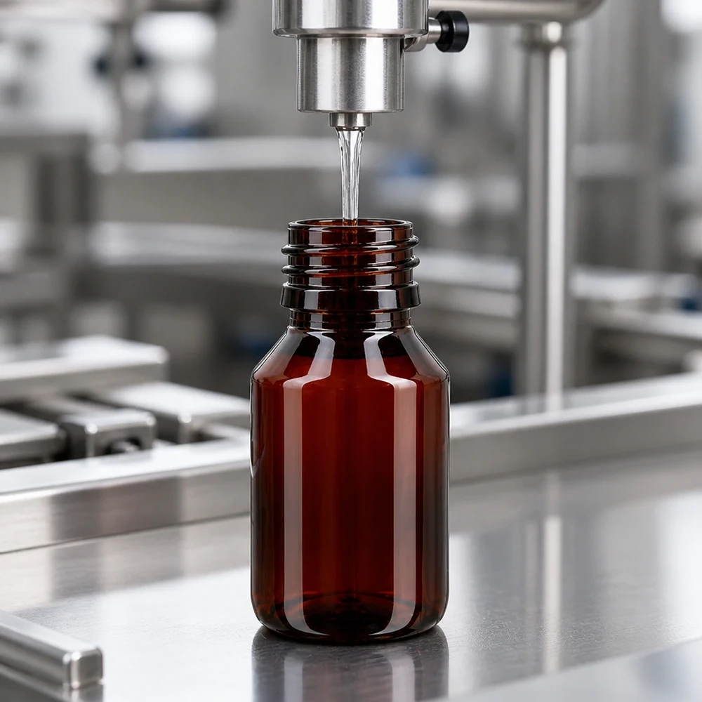 Linia rozlewnicza napełnia bursztynowe butelki PET o pojemności 50 ml z gwintem PP28 w ramach produkcji farmaceutycznej