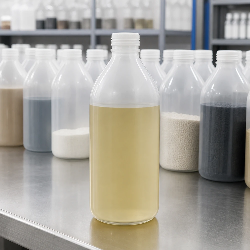 Butelka laboratoryjna o wąskiej szyjce o pojemności 500 ml bez nakrętki, zawierająca żółtawy płyn na powierzchni ze stali nierdzewnej