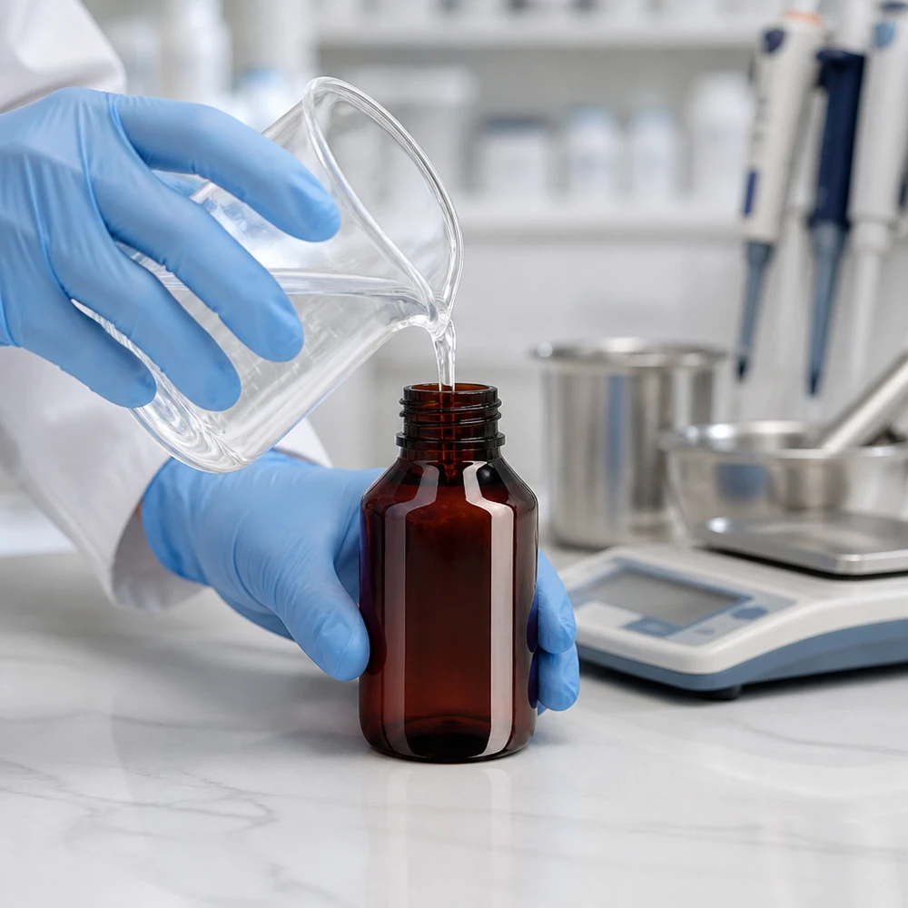 Butelka PET 50 ml z niebieską nakrętką OV Technik laboratoryjny napełnia przezroczystą cieczą brązową butelkę PET o pojemności 50 ml z niebieską oryginalną nakrętką