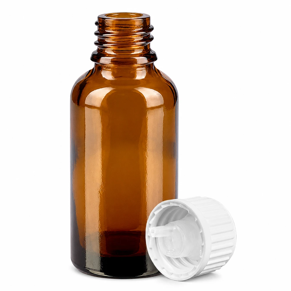 Szklana butelka o pojemności 30 ml w kolorze bursztynowym z zakraplaczem 0,9 mm do olejków eterycznych i nalewek