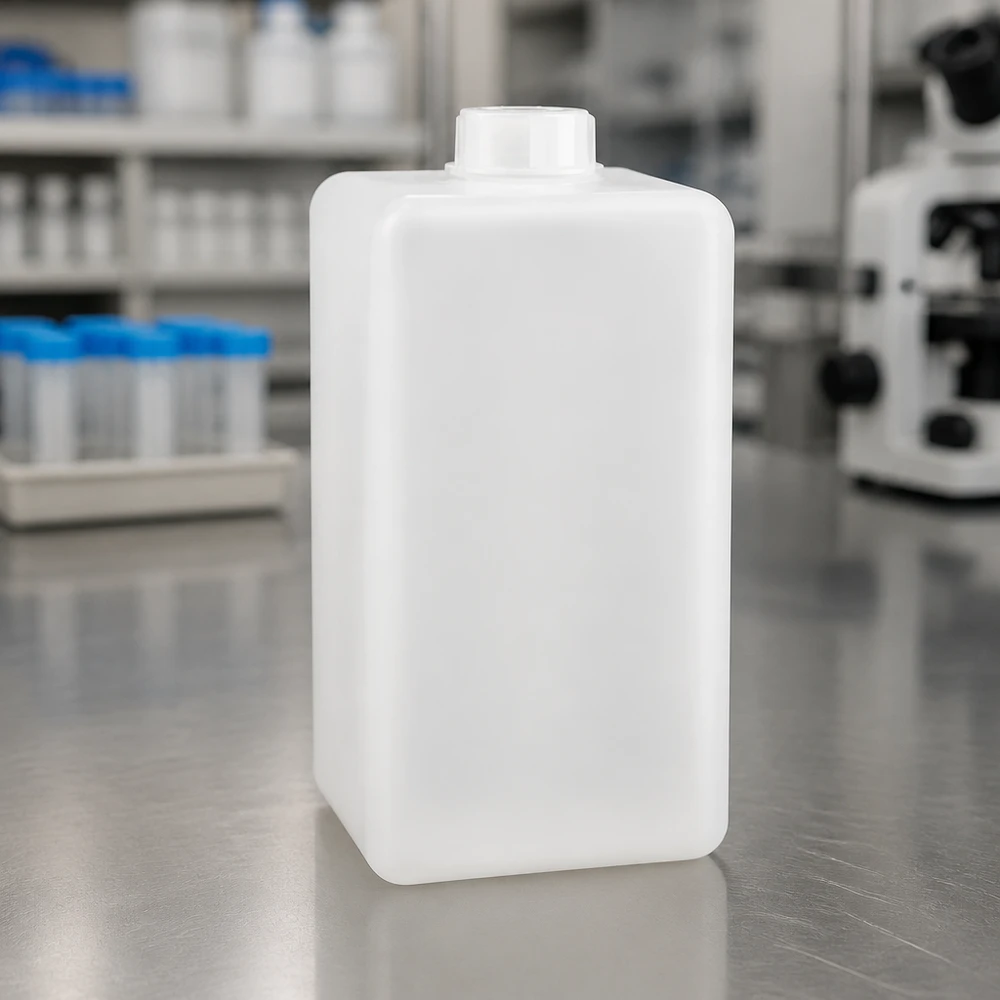 Butelka na chemikalia z PE-HD o pojemności 1500 ml, z wąską szyjką, w naturalnym kolorze, stojąca na stole ze stali nierdzewnej w laboratorium z mikroskopem