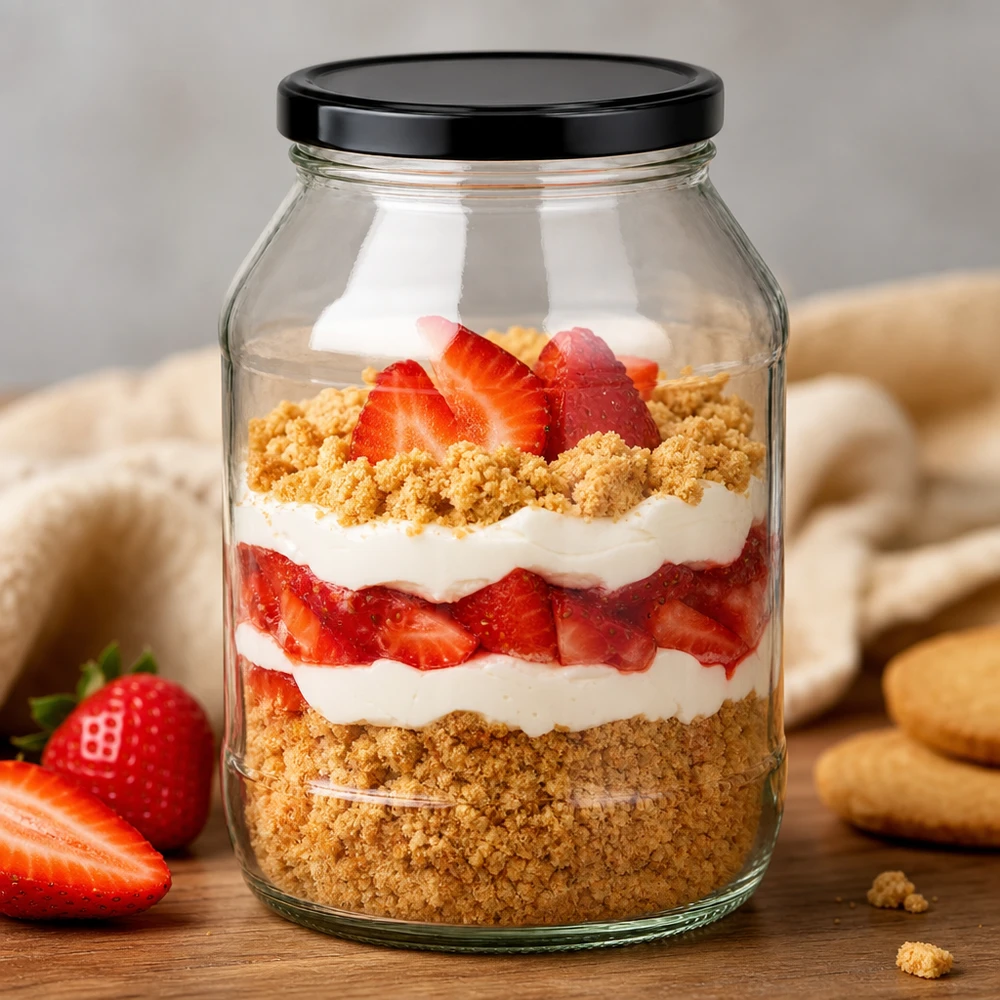 Słoik okrągły 2650 ml z pokrywką BasicSeal czarną UN.. 2650ml Rundglas mit schwarzem Deckel als Dessertglas für Erdbeer-Sahne-Schichtdessert mit Kekskrümeln stylisch präsentie