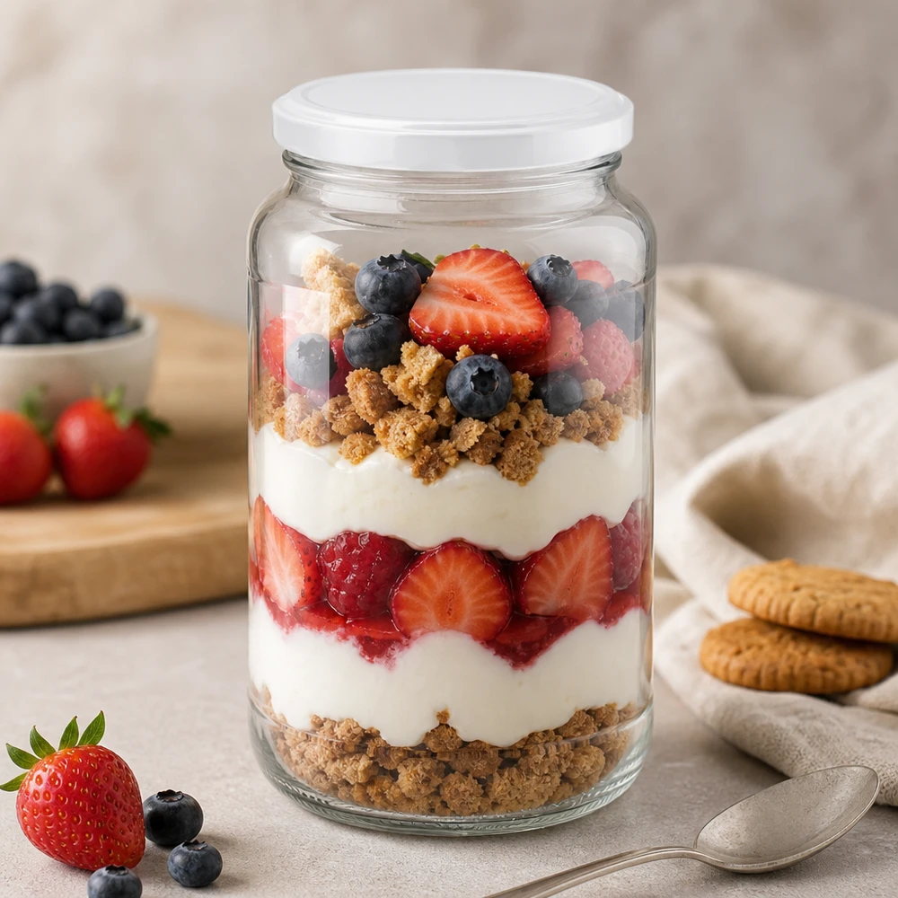 Słoik okrągły 1700 ml z pokrywką BasicSeal białą UN.. Okrągły słoik o pojemności 1700 ml z pokrywką BasicSeal jako słoik deserowy na trifle jagodowe wypełnione jogurtem i okruchami herbatników.