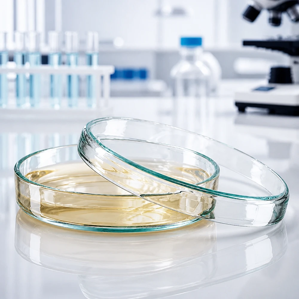 Przezroczysta szklana szalka Petriego o wymiarach 80 x 15 mm z żółtawym wypełnieniem agarowym i zdjętą pokrywką w laboratorium