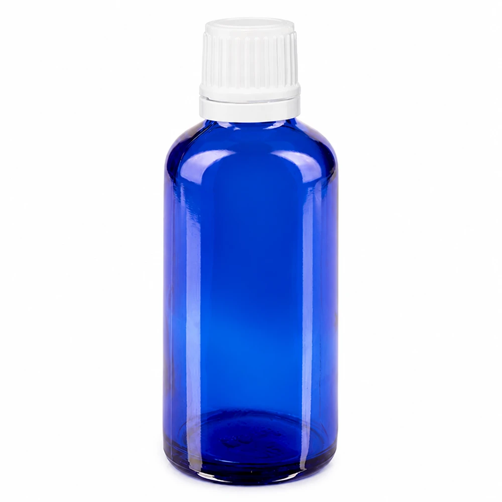 50 ml niebieska szklana buteleczka apteczna z białym zakrętkiem i plombą zabezpieczającą