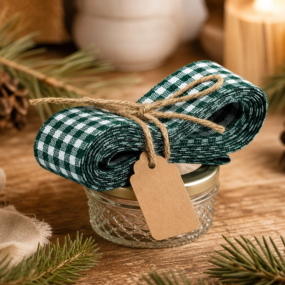 Zielono-biała wstążka materiałowa do dekoracji, 300 cm Grün-weißes kariertes Stoffband 300cm mit Kraftpapier-Anhänger um Glasschale gebunden als natürliche Geschenkdeko
