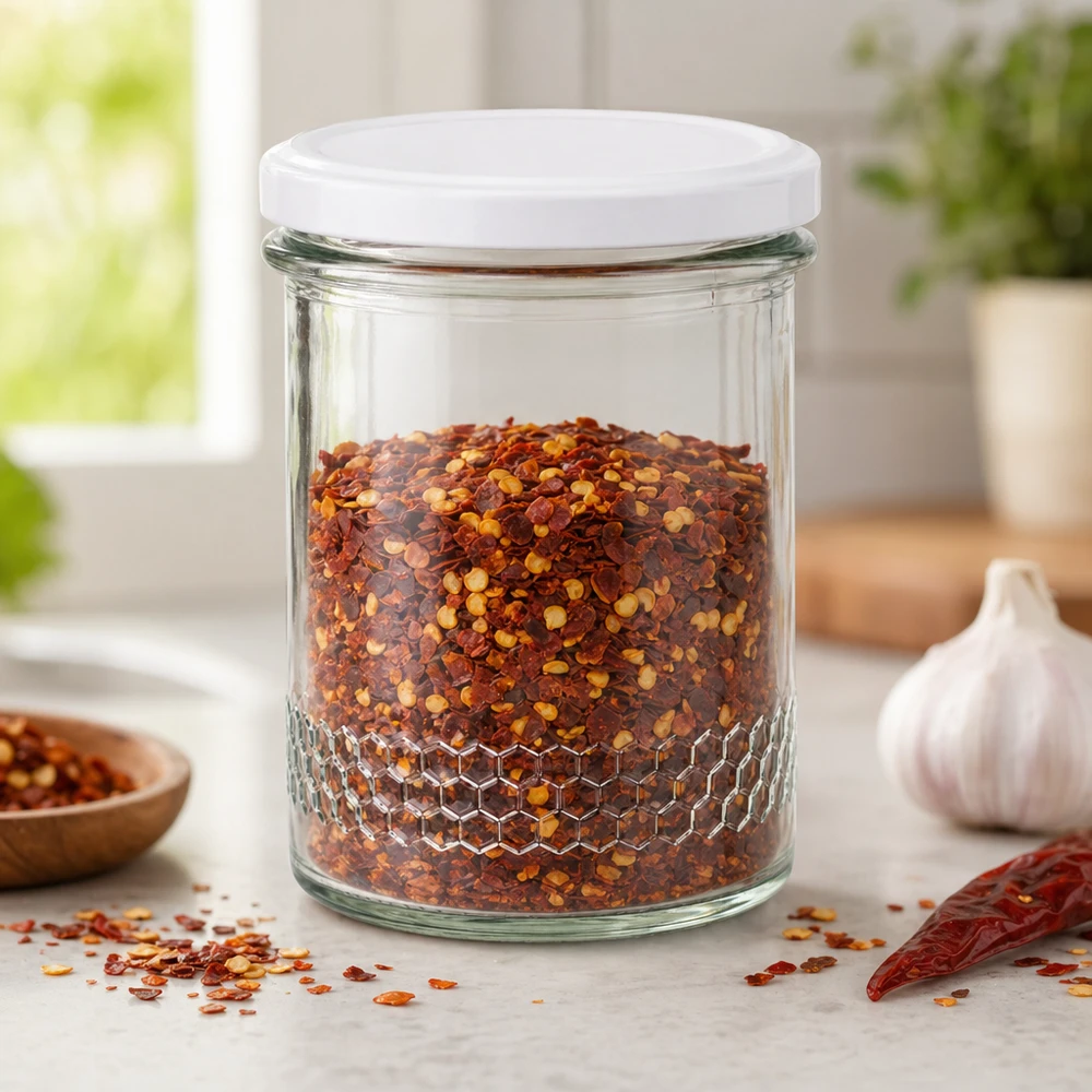 Słoik na miód o pojemności 400 ml z białą pokrywką jako słoik na płatki chili Przechowywanie w kuchni Wzór plastra miodu na podstawie słoika