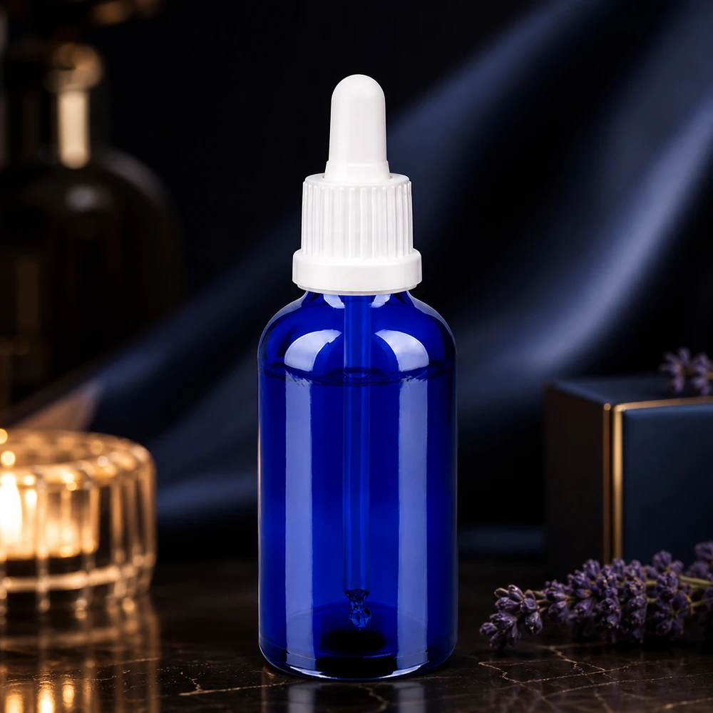 Kompaktowa niebieska butelka z pipetą OV BlueLine UT18/50 o pojemności 50 ml, idealna do serum i nalewek