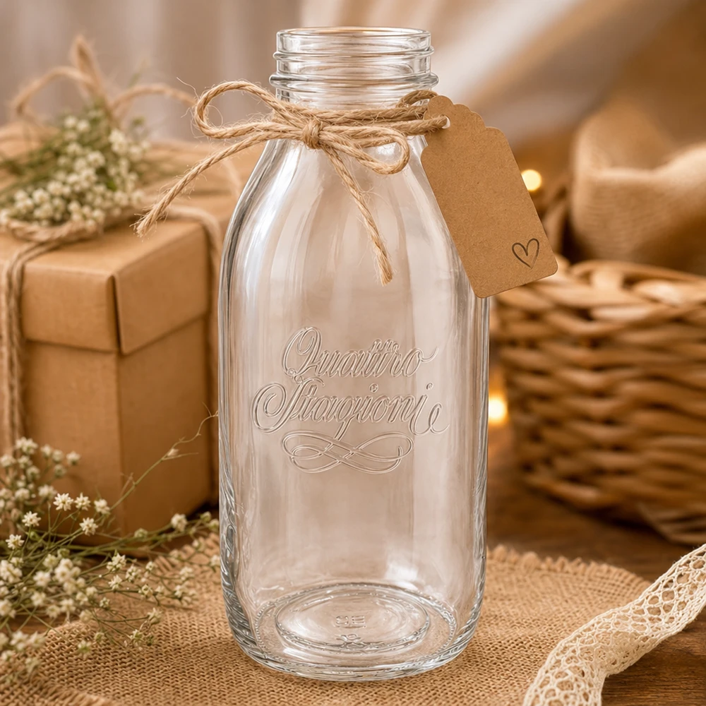 Butelka z szeroką szyjką o pojemności 1000 ml "Quattro Stagioni" Szklana butelka z szeroką szyjką Quattro Stagioni 1000 ml z korkiem i rustykalną dekoracją na drewnianym stole