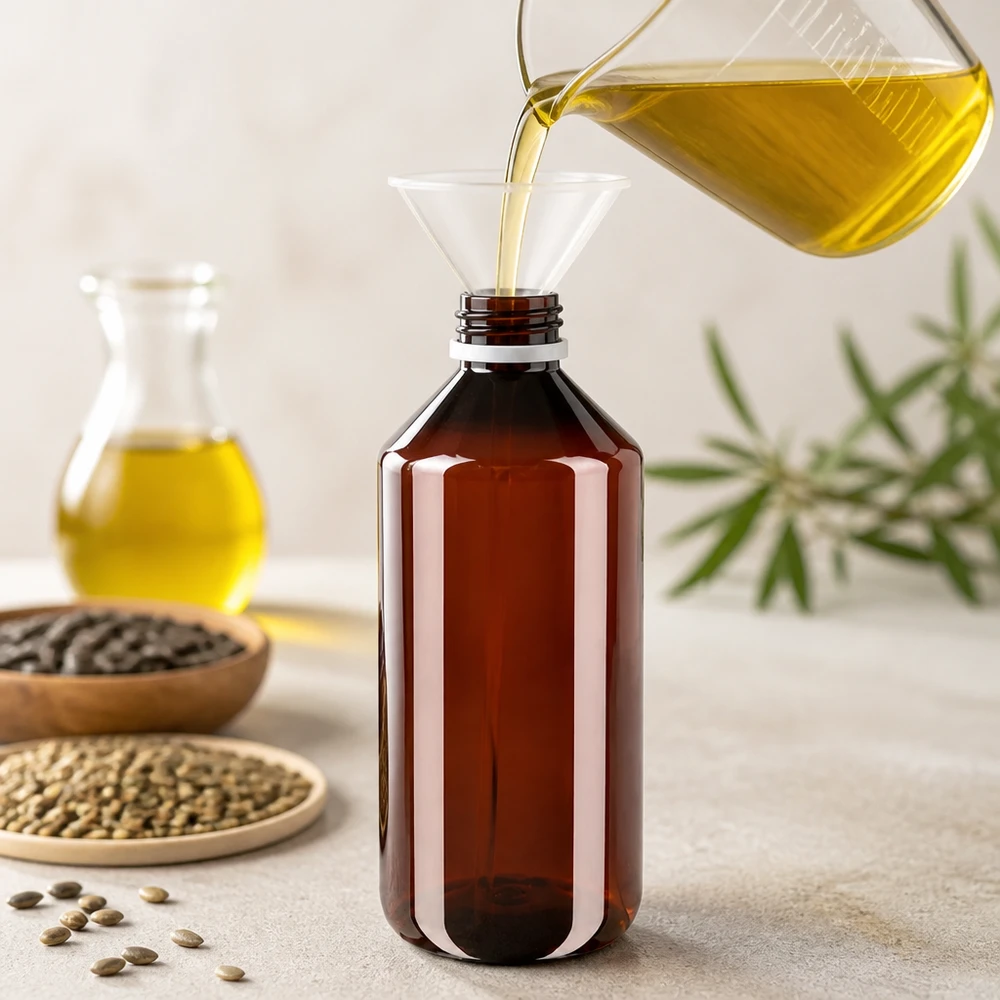 Butelka PET 1000 ml z białym karbowanym OV Butelka PET w kolorze bursztynowym o pojemności 1000 ml podczas napełniania żółtym olejem konopnym za pomocą lejka