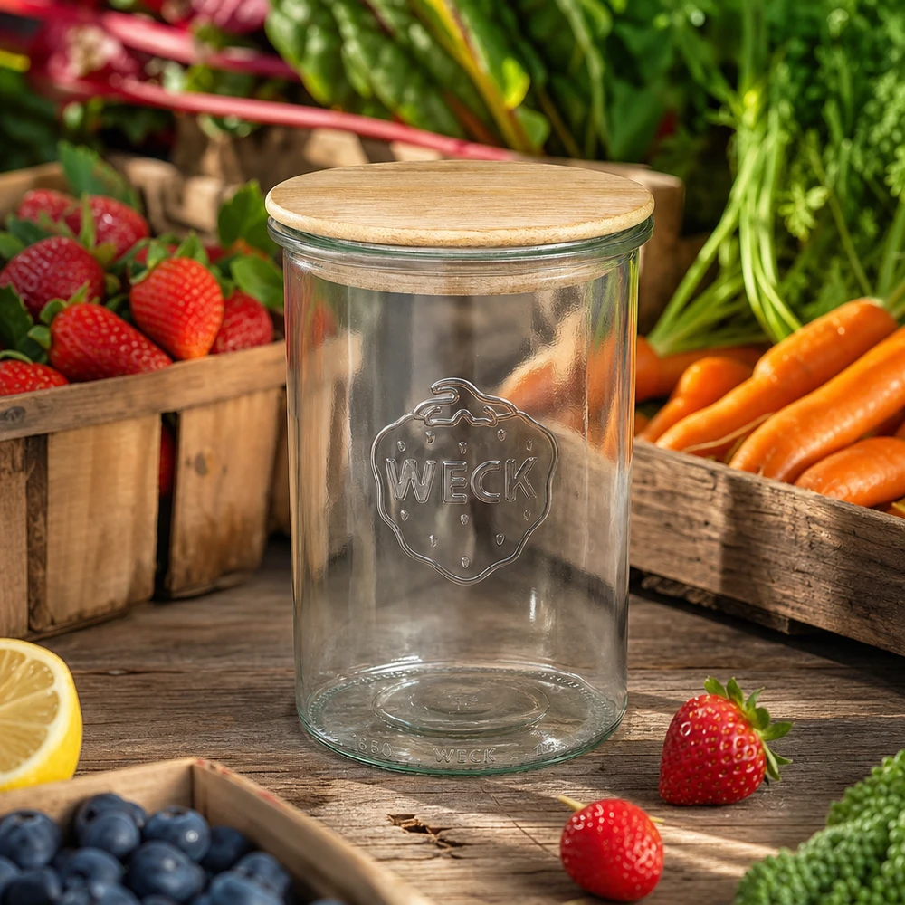 Kubki WECK RR100 o pojemności 1000 ml z drewnianą pokrywką Kubki WECK 1000ml RR100 z dębową pokrywką pomiędzy świeżymi owocami i warzywami na drewnianym stole Kuchenna atmosfera