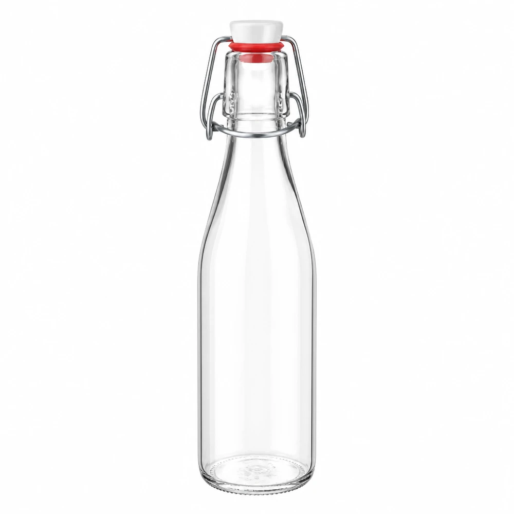 Szklana butelka 250 ml i zamknięcie z uchwytem PVC UNiTWIST Szklana butelka o pojemności 250 ml z obrotowym wieczkiem i białym korkiem, przezroczyste szkło, system PVC UNiTWIST do napojów