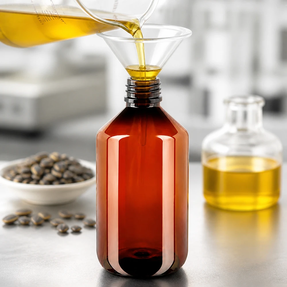Butelka PET o pojemności 500 ml w kolorze bursztynowym z karbowaną białą nakrętką zabezpieczającą, przeznaczona do napełniania olejem