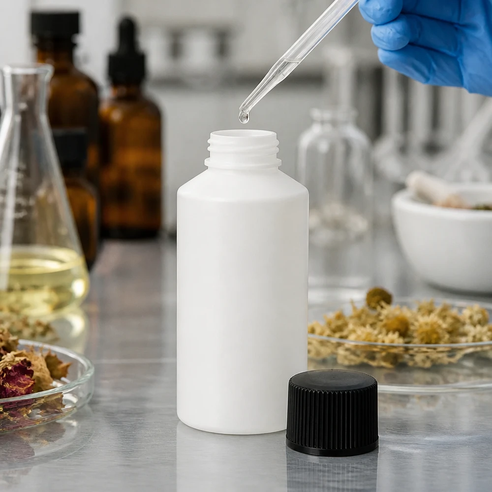 Biała butelka apteczna z HDPE o pojemności 50 ml z czarną zakrętką w laboratorium
