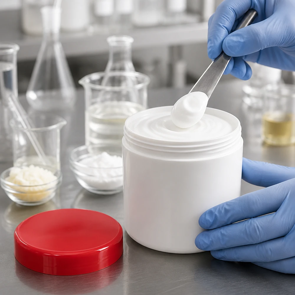 Biały słoik na maść o pojemności 20 g z czerwoną zakrętką z polipropylenu, otwarty w laboratorium farmaceutycznym