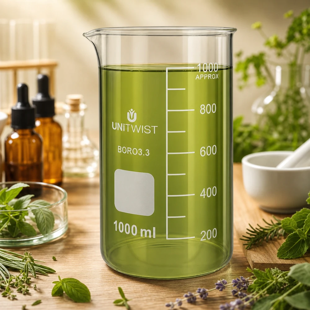 Szklanka UNITWIST o pojemności 1000 ml, wysoka, z borokrzemianu, z zielonym roztworem ekstraktu ziołowego na drewnianym stoliku