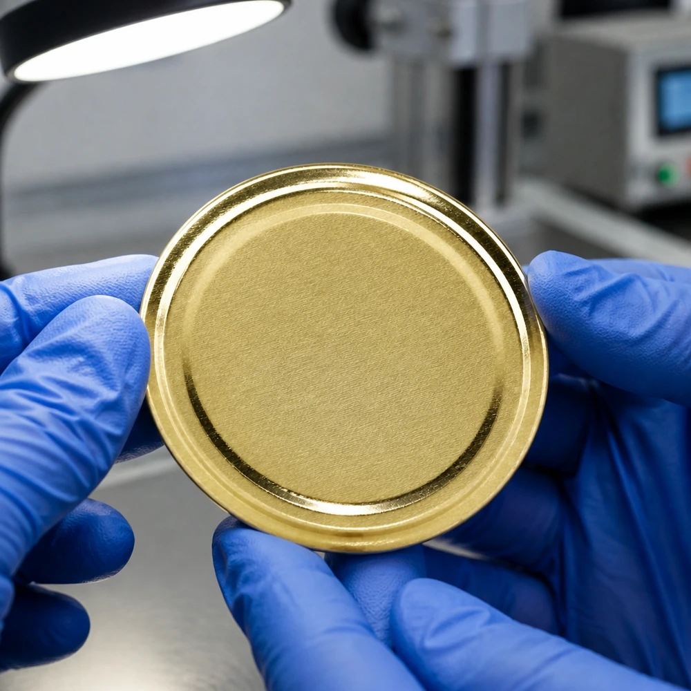 Pokrywka TO82 UniTwist BasicSeal o średnicy 82 mm w kolorze złotym w rękawiczkach niebieskich w laboratorium kontroli jakości