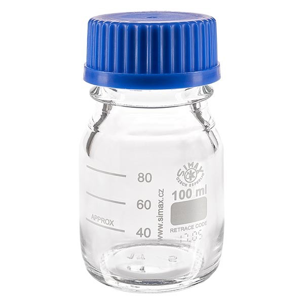 Butelka laboratoryjna gwintowana 100 ml z zakrętką, borokrzemianowa Butelka laboratoryjna gwintowana 100 ml z zakrętką, borokrzemianowa