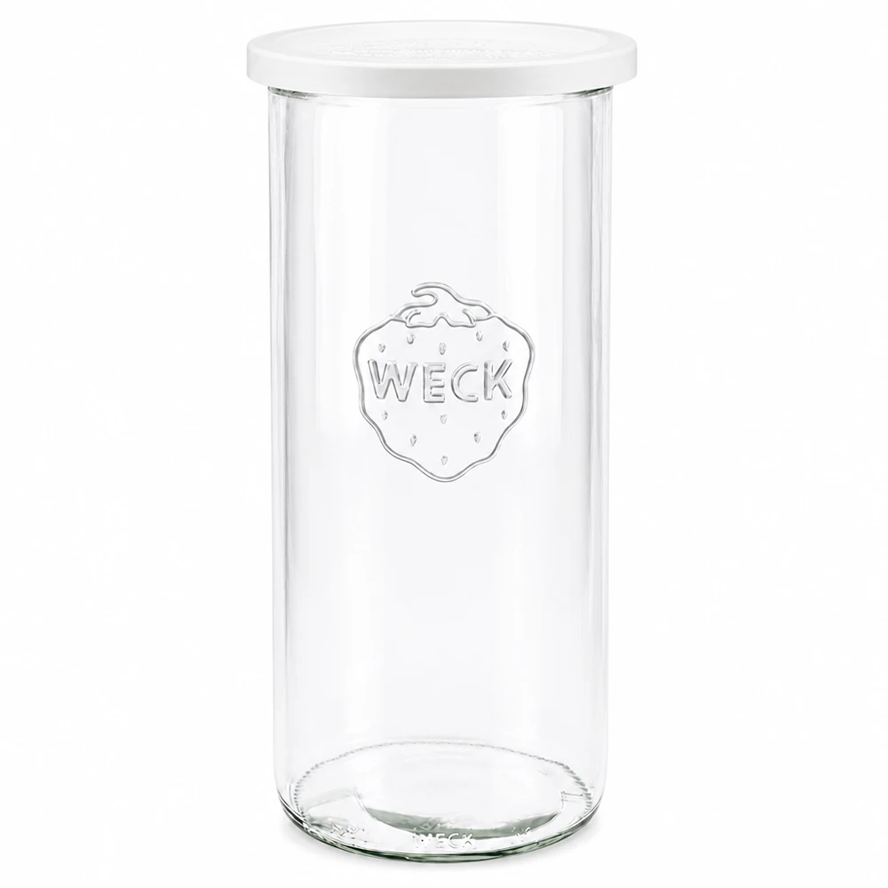 Kubki o pojemności 1500 ml z pokrywką WECK RR100 Słoik do przetworów WECK 1500ml RR100 przezroczysty z białą pokrywką z przodu z wygrawerowanym logo marki