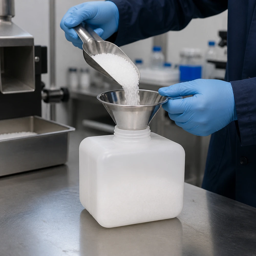 Butelka na chemikalia 250 ml, wąska szyjka z PE-HD, kolor naturalny Laborant napełnia biały plastikowy pojemnik o pojemności 250 ml za pomocą lejka i łopatki w laboratorium chemicznym