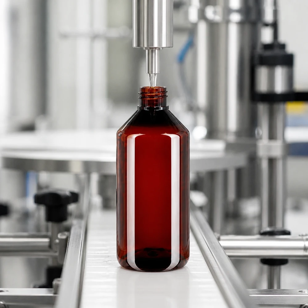 Butelka PET 1000ml z nakrętką odgazowującą czerwona Automatyczna linia rozlewnicza precyzyjnie napełnia brązowe butelki PET o pojemności 1000 ml z zamknięciem odgazowującym