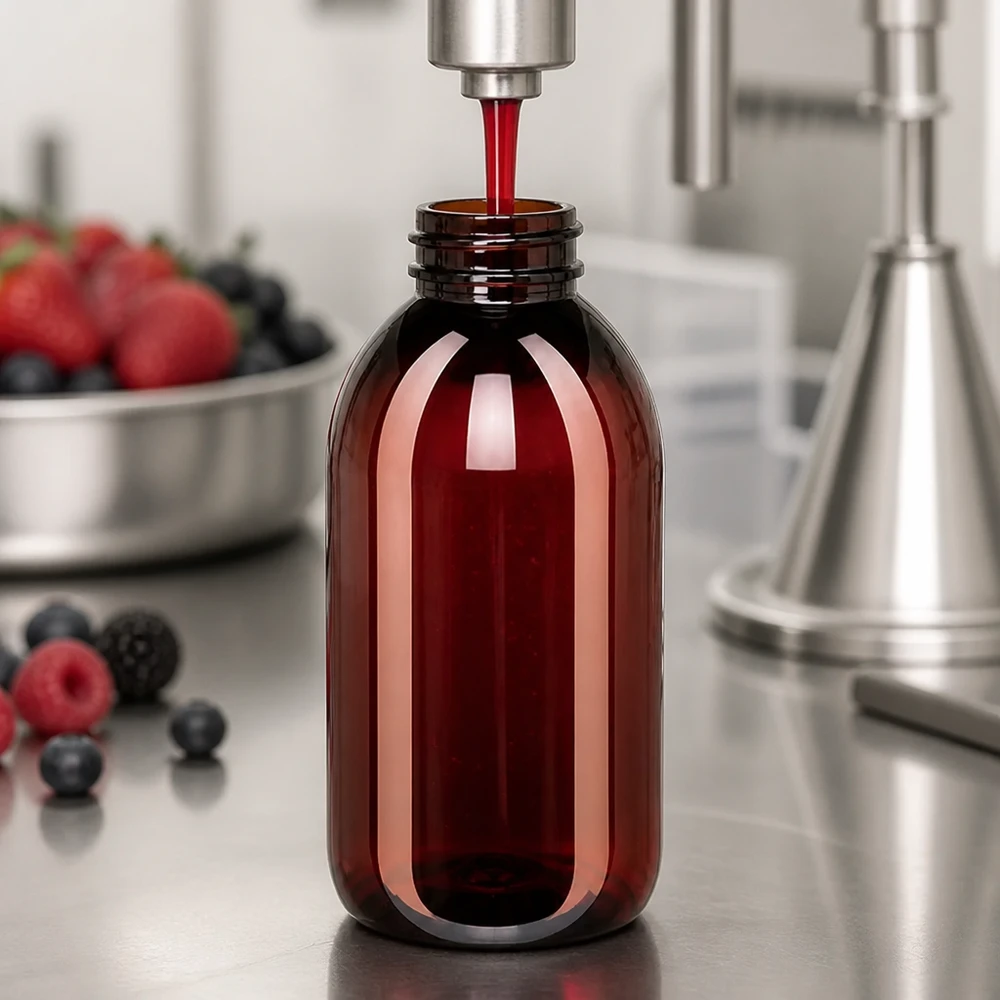 Czerwony sok owocowy jest rozlewany do brązowych butelek PET o pojemności 250 ml z korkiem odgazowującym