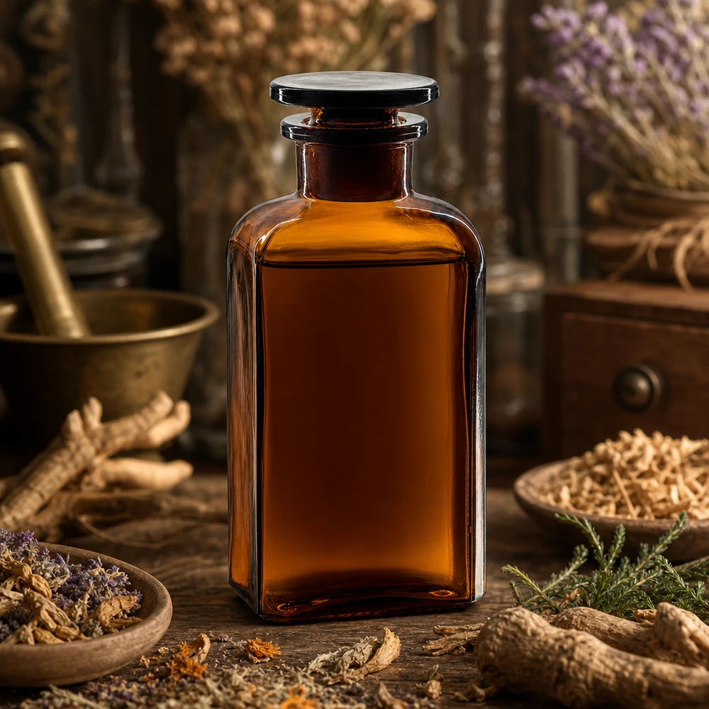 Kwadratowa butelka 250 ml z brązową szeroką szyjką i szklanym korkiem Brązowa, kwadratowa butelka szklana o pojemności 250 ml z korkiem, otoczona ziołami leczniczymi i korzeniami