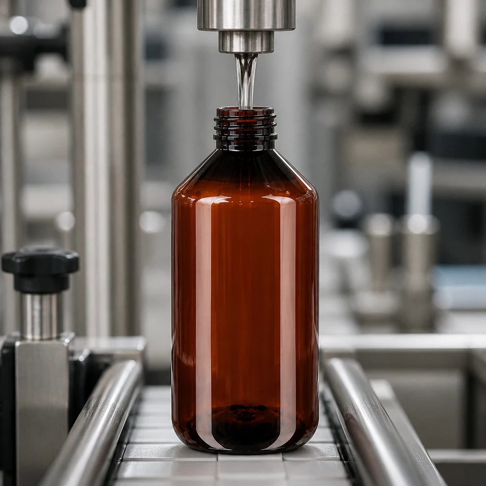 Przemysłowe napełnianie brązowej butelki PET o pojemności 750 ml na taśmie przenośnikowej z zastosowaniem standardowego zamknięcia