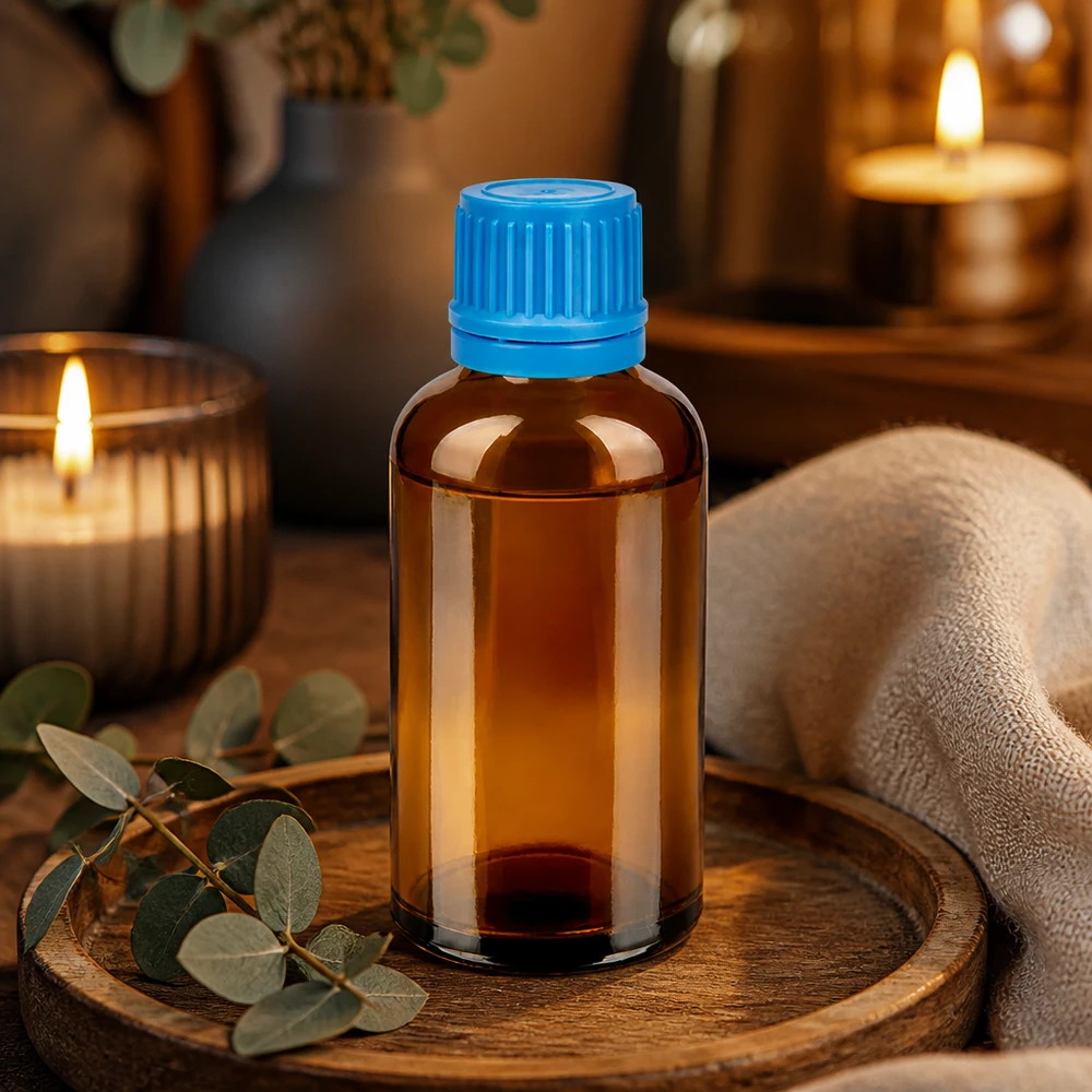 50 ml szklana butelka z niebieską nakrętką idealna do aromaterapii i zastosowań wellness
