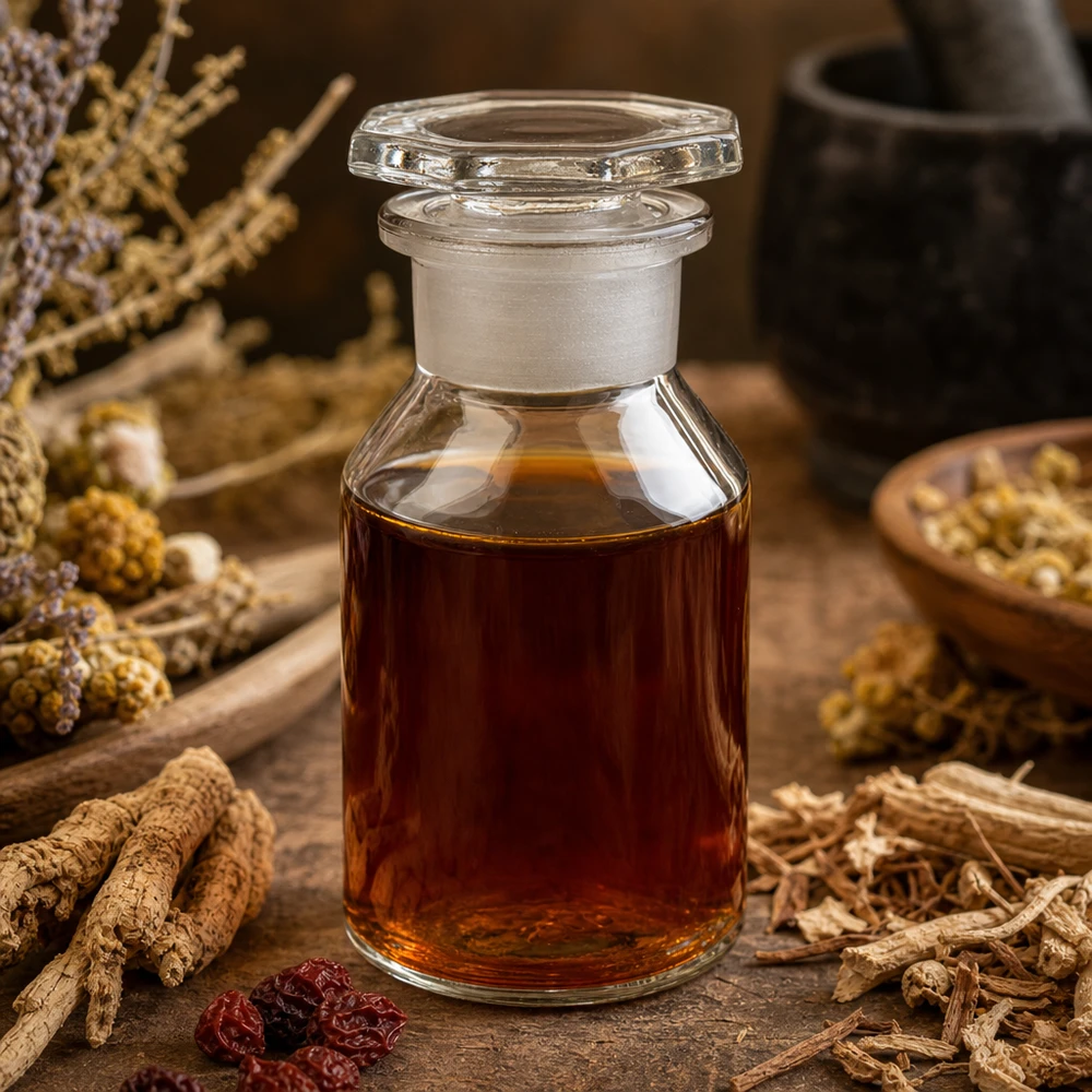 Butelka o prostej szyjce, 50 ml, przezroczysta, z szeroką szyjką i szklanym korkiem, wypełniona ciemnobrązową nalewką ziołową