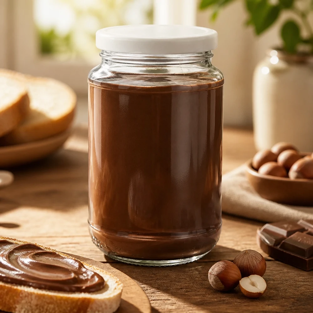 Okrągła szklana słoik UNiTWIST o pojemności 320 ml z białą pokrywką BasicSeal, wypełniony kremem orzechowo-czekoladowym, na drewnianym stole