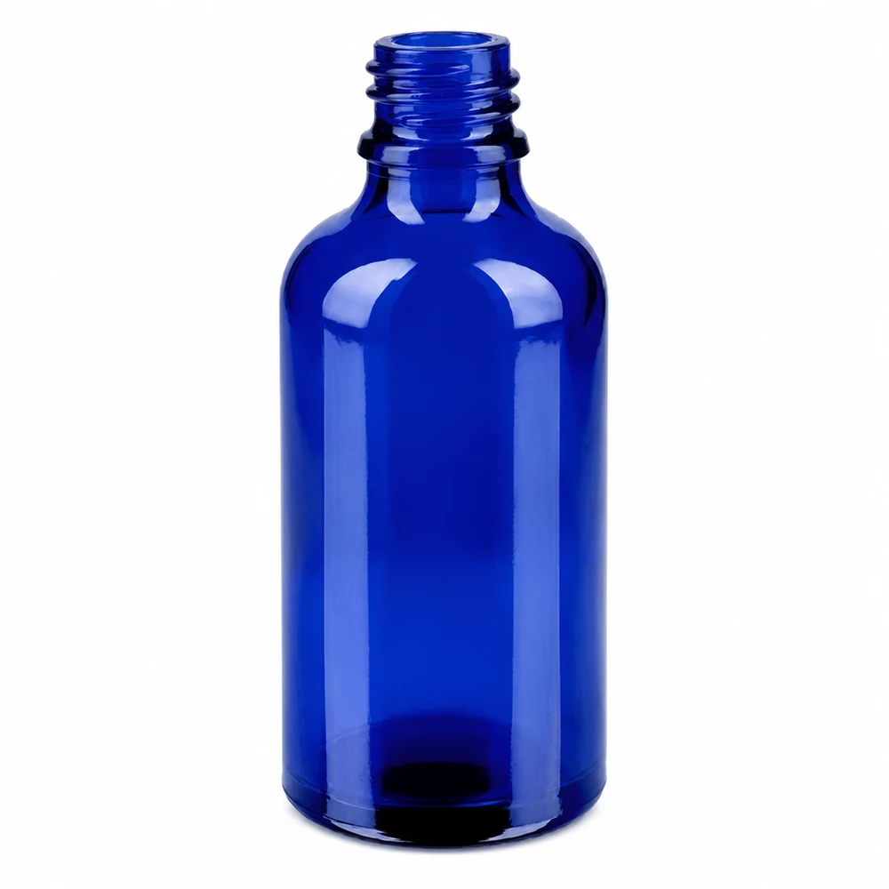 Butelka ze spryskiwaczem 50 ml biała/przezroczysta STD BlueLine UT18/50 50 ml szklana butelka w kolorze kobaltowego błękitu z gwintowaną szyjką do precyzyjnego dozowania produktów kosmetycznych